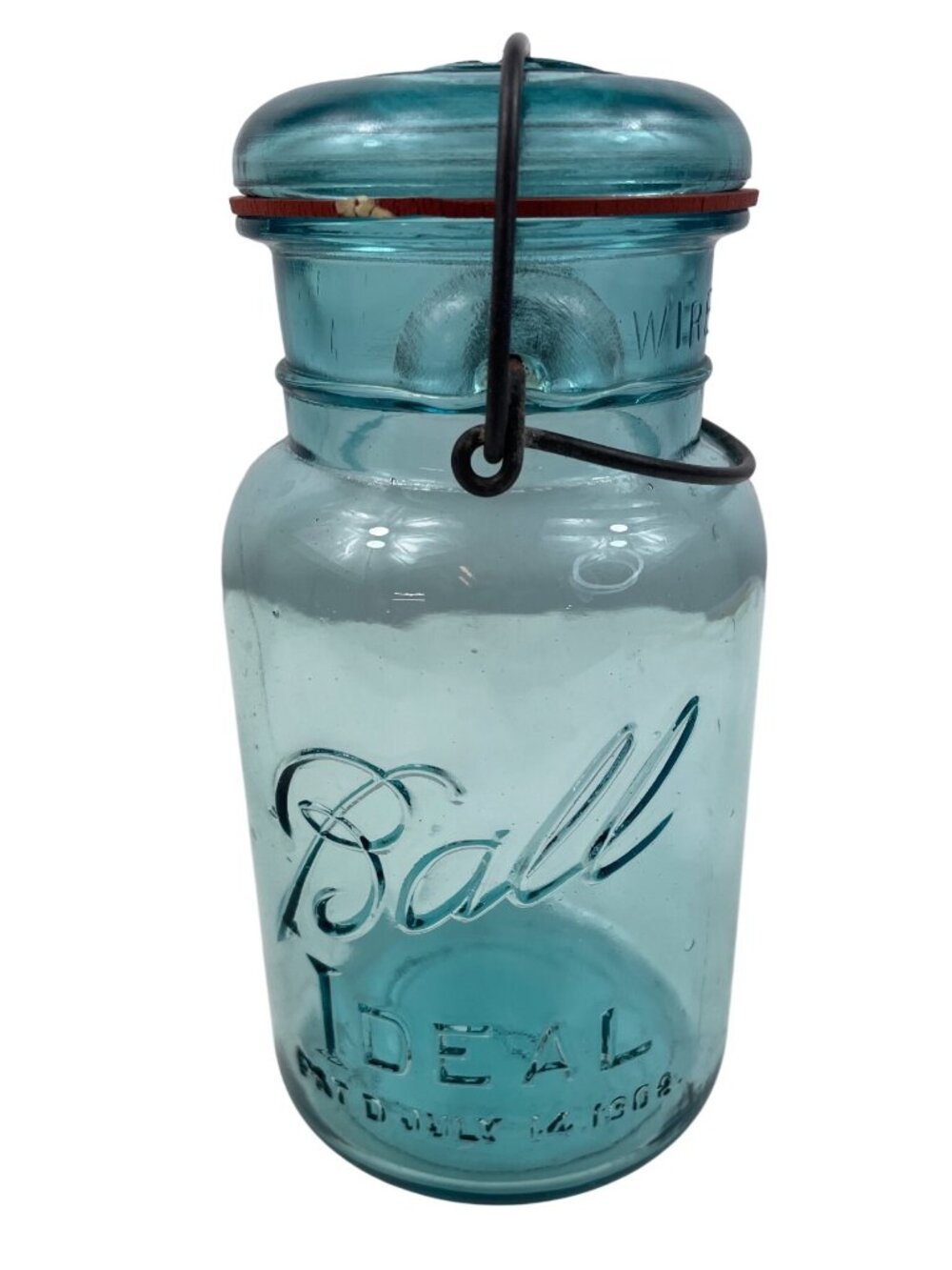 Primitive Ball Ideal Blue Glass Lid Wire Top July 14 1908 Quart Mason Jar #8